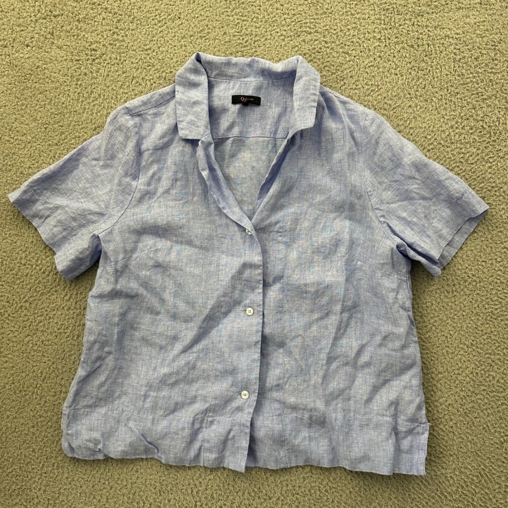 Quince Women French Blue 100% European Linen Short Sleeve Shirt Large